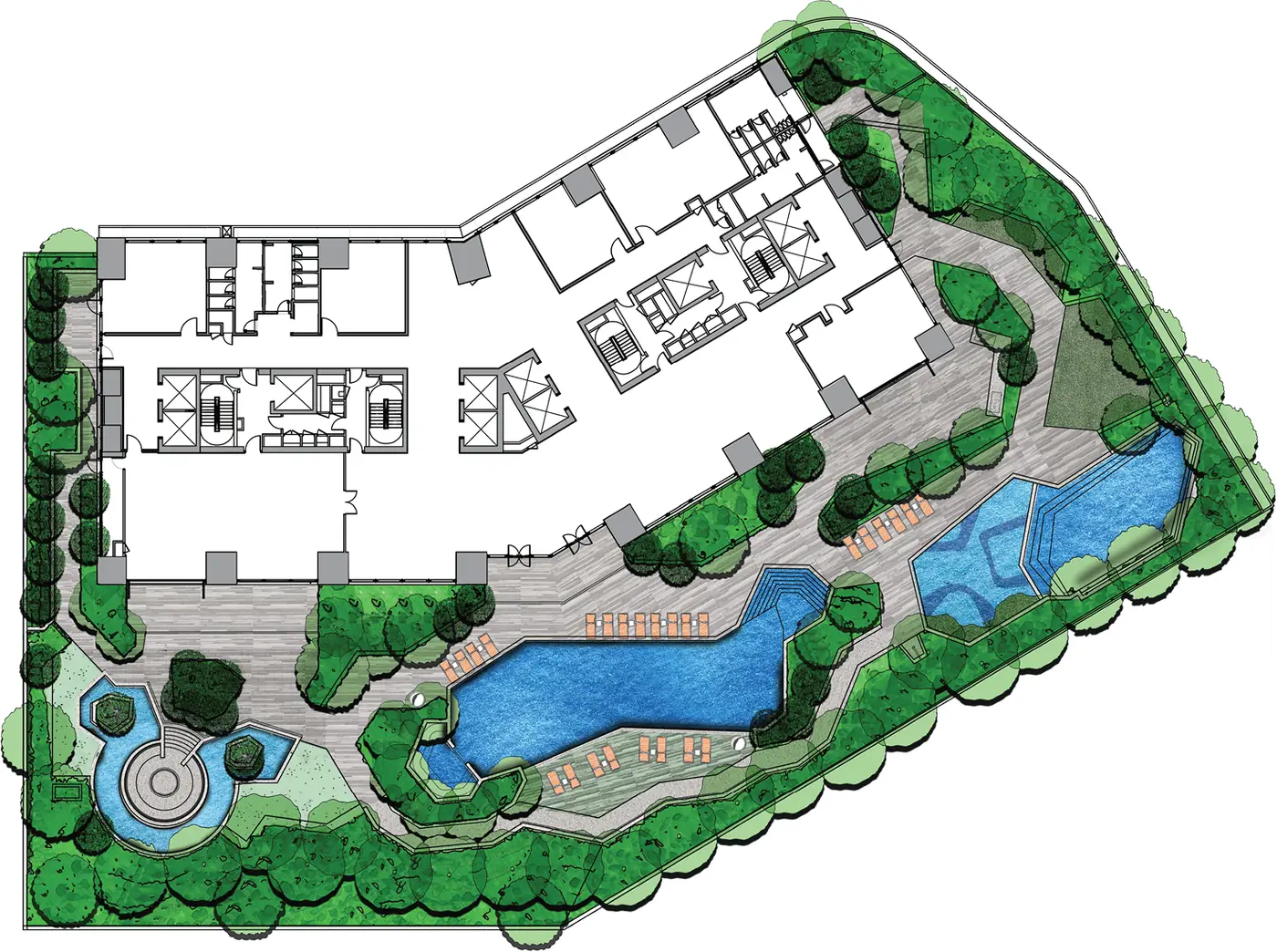 Landscape plan of the elevated garden deck and pools at Imperial Residences