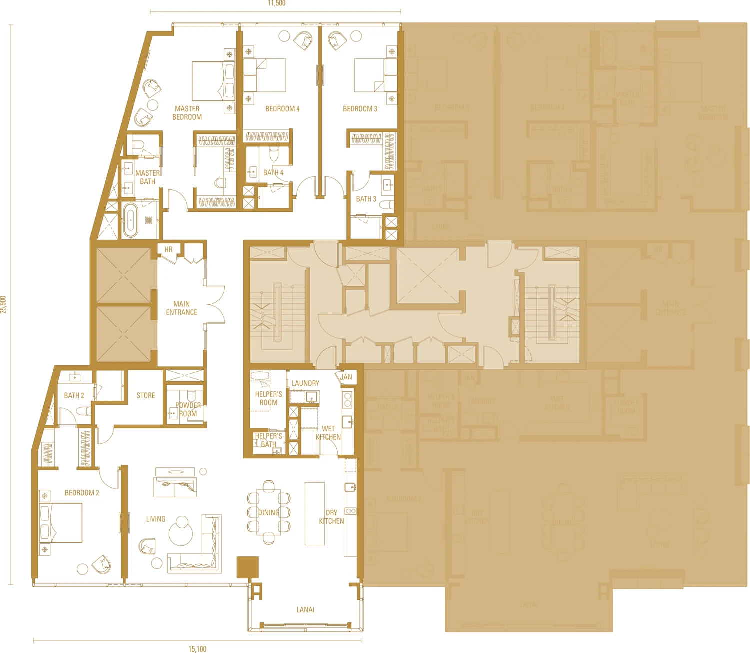 Type H1 floor plan, 3,380 square feet, four en-suite bedrooms with lanai, Imperial Residences