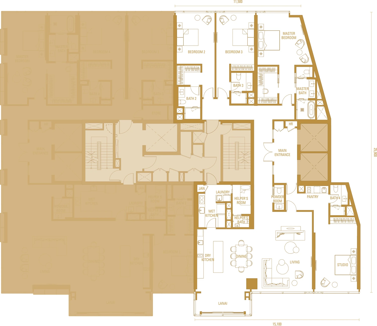 Type H1A floor plan, 3,380 square feet, three en-suite bedrooms with lanai, Imperial Residences