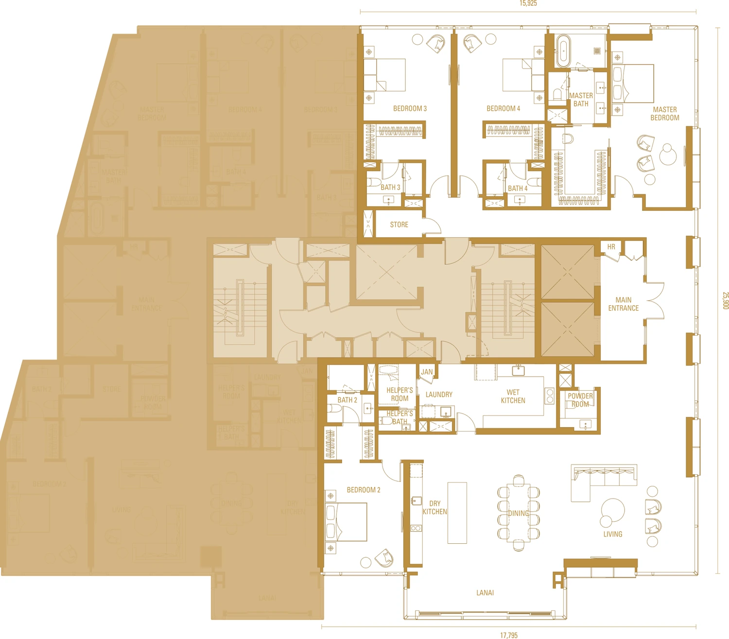 Type H2 floor plan, 4,090 square feet, four en-suite bedrooms with lanai, Imperial Residences