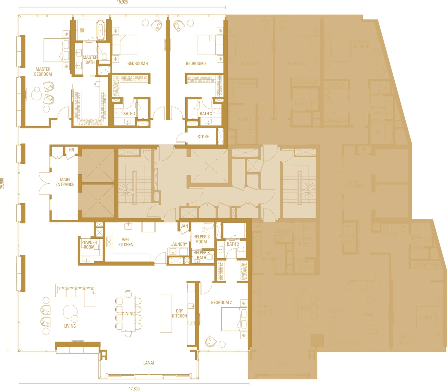 Type H2A floor plan, 4,090 square feet, four en-suite bedrooms with lanai, Imperial Residences